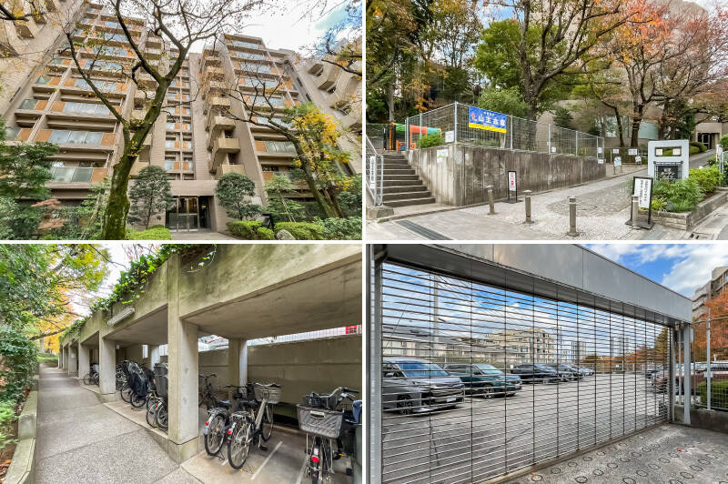 <b>左上・</b>美しい外観。管理人さんは住み込みでご勤務。2025年5月時点で修繕積立金の総額が約2.6億円ありますよ。／<b>右上・</b>マンションの敷地に隣接する「サンサン児童公園」。お子さんにとってもいい環境ですね。／<b>左下・</b>屋根付きの自転車置き場は、月額500円で利用できます。／<b>右下・</b>セキュリティーゲート付きの平置き駐車場は、月額20,000円〜25,000円で利用可能です。