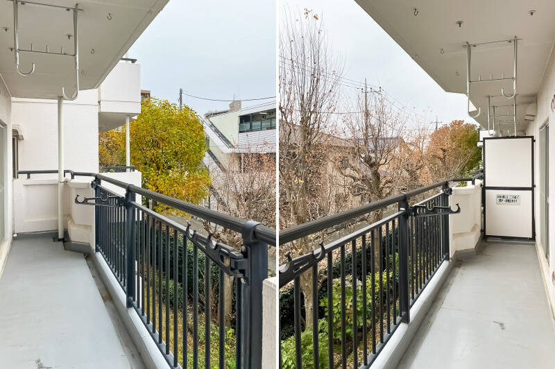 こちらの棟は敷地の端に位置しているため、前面の遮蔽物がなく日当たり良好! お洗濯物は上にも下にも干せるようになっています。