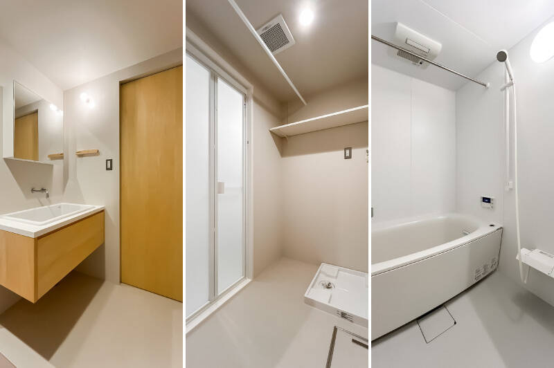 <p><b>左・</b>廊下の “たまり” のような場所に設けられたオープンな洗面化粧台。フロートタイプのカウンターに壁付混合水栓と、デザイン面も抜かりありません。/<b>中央・</b>引き戸を開けると脱衣所兼洗濯機置き場。/<b>右・</b>1416サイズのユニットバスは、酸素美泡湯機能を搭載しているのだとか……!</p>