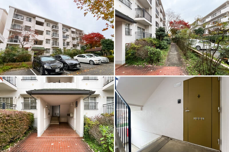 ご紹介した棟は地上4階建て・全30戸、1984年築で新耐震基準を満たしています。平置き駐車場との間には緑の小路があり、階段で住戸のある2階まで。