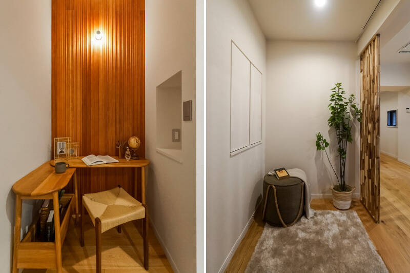 洋室Aは、約2.8帖のコンパクトなL字型の空間です。奥の壁にはアクセントのウッドパネルがあしらわれ、物入れは壁に埋め込まれるような形でふたつ備わっています。