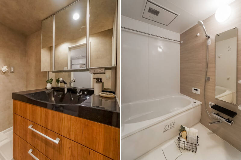 うれしいことに、ほかの空間に対して、洗面脱衣室〜バスルーム（1416サイズ・浴室乾燥機完備）は比較的余裕を持たせた造りになっています。バスタイムに窮屈感がないのってすごくハッピーですよね。