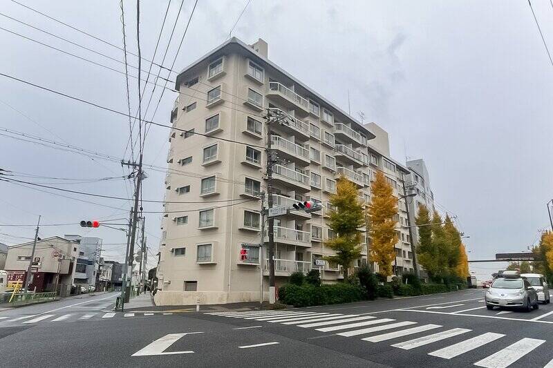 1972年竣工、総戸数49戸のマンション。エントランスは目黒通りの反対側にあり、比較的落ち着いています。