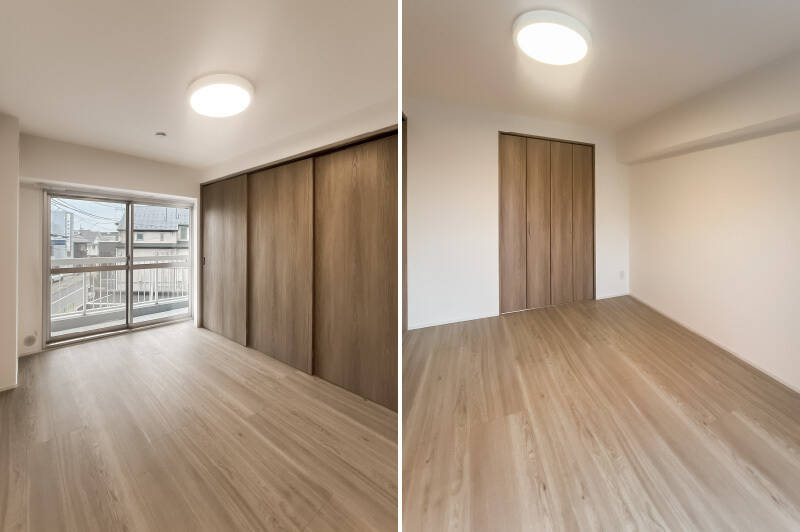 <b>左・</b>リビングと同じ南東向きバルコニーに面しており日当たり良好！ ／<b>右・</b>クローゼット付きです。