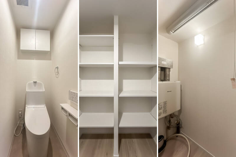 <b>左・</b>廊下からアクセスするトイレ。／<b>中央・</b>廊下の途中にある可動棚タイプの収納。生活用品の保管場所としてぴったり！／<b>右・</b>洗濯機置き場の隣に位置するランドリールーム。物干しスペースとして利用可能です。