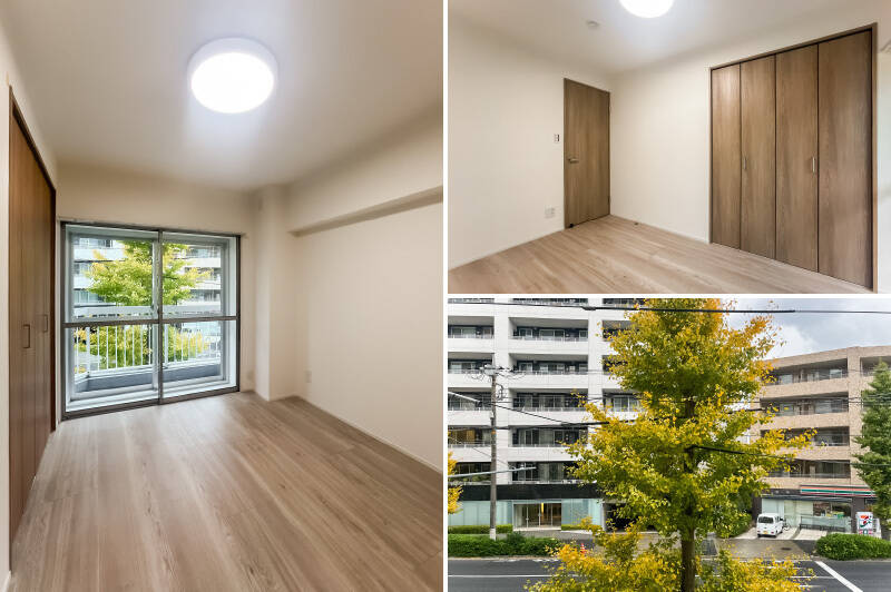 <p><b>左・</b>約5.4帖の洋室C。掃き出し窓からバルコニーに出られます。／<b>右上・</b>洋室Bと同じサイズの収納付き。／<b>右下・</b>目黒通りを見下ろす街路樹のグリーンビュー。</p>