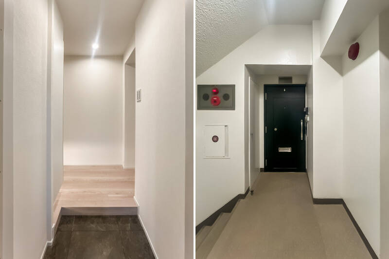 <b>左・</b>玄関はシンプルなので、正面の壁にアートを飾ると素敵かも。下足入れは廊下に入って左手に備わっています。／<b>右・</b>改修工事を実施済みの玄関扉。