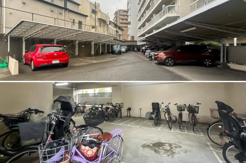 <b>上・</b>愛車をお持ちの方に朗報です。こちらの物件は専用使用権付き駐車場が無償で利用できます。／<b>下・</b>ついでに、自転車も好きな方へ！ 屋内の自転車置き場は各住戸1台は無償。空きがあれば、2台目以降は月額500円で利用できますよ。