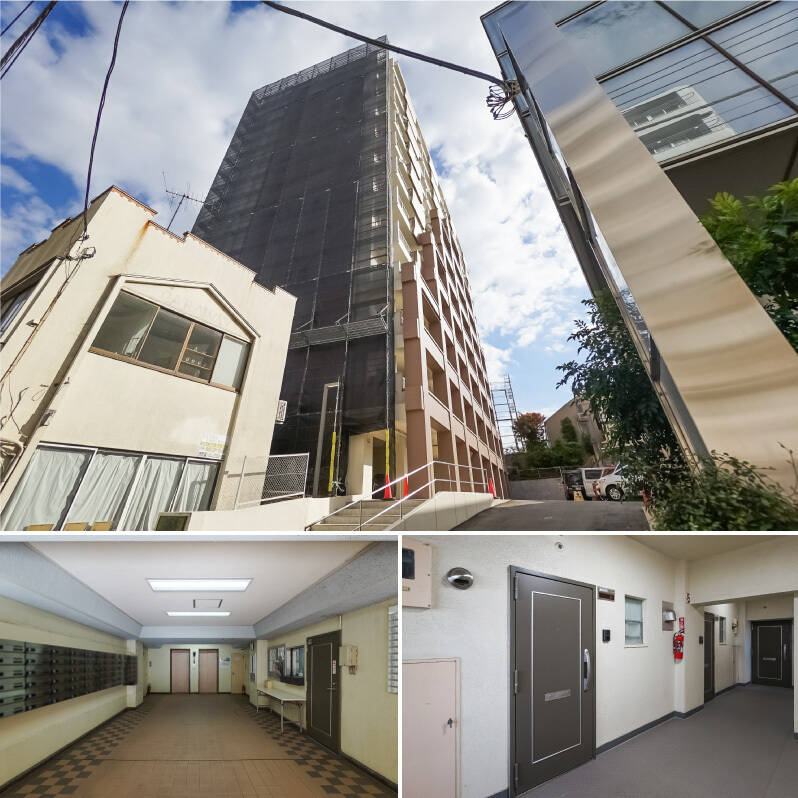 駅から「にしおぎ北銀座街」を歩いていくと、目的のマンションが。1970年築ですが、2023年実施の耐震工事により<b>新耐震基準に適合</b>しました。現在は外壁塗装中につき、一部シートが掛かっています。