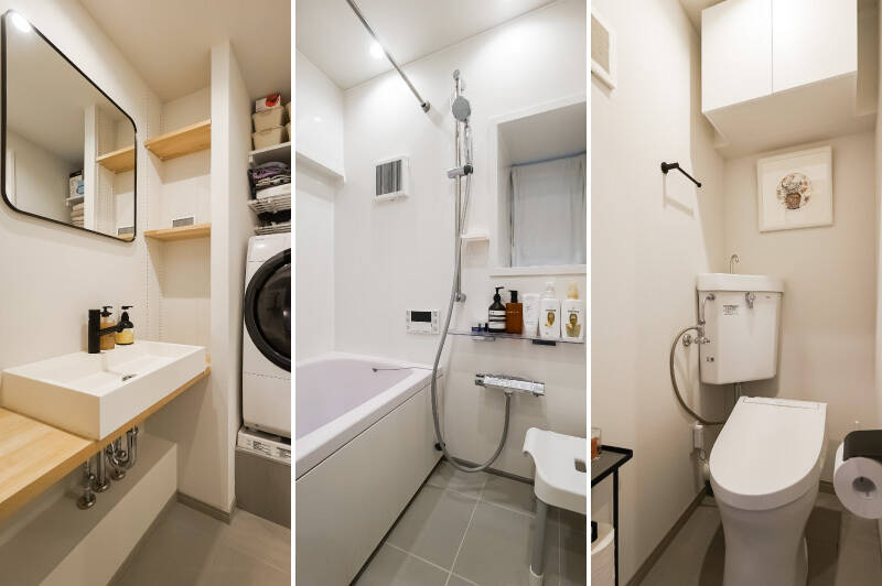 水まわりはシンプルなデザイン。洗面台の側には、化粧品や小物を置くのに便利な可動棚が備わっています。バスルームは追い焚き機能付き。コンパクトサイズなので、節水もできますよ。