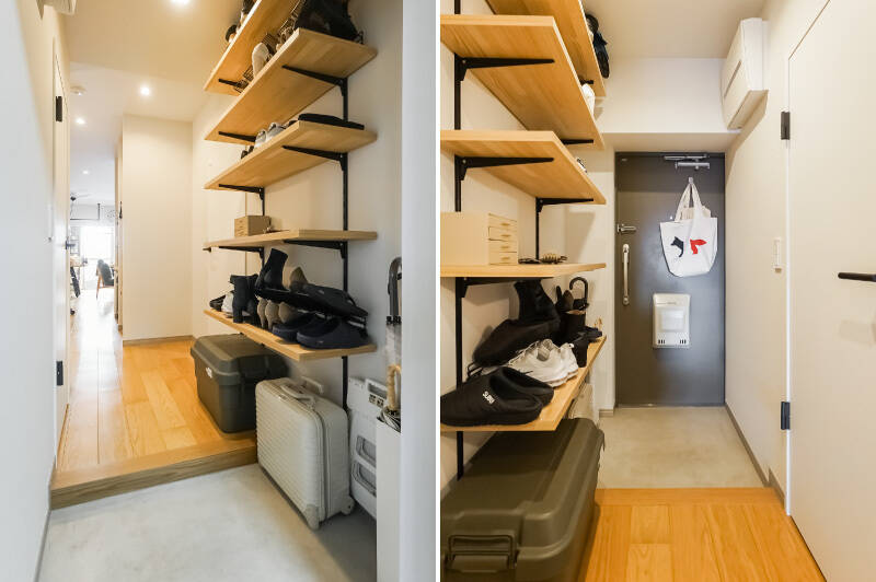 玄関には可動式のオープンラックを用意。きちんと収納を設けながら、圧迫感がありません。