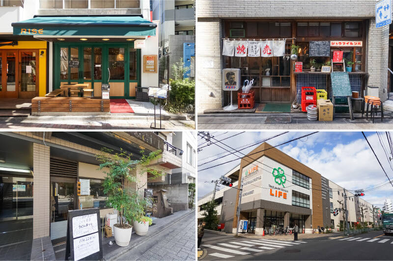 <b>左上・</b>昼から営業しているイタリアン「西荻RISE(ライズ)」。真空の力を使ったこだわりの自家製生パスタがおすすめなのだそう。(徒歩5分)/<b>右上・</b>開店前から行列ができる「シュウマイルンバ」。焼売定食をいただきましたが、ゴロっと肉々しいシュウマイが美味しい! 麻婆豆腐の小皿も付いてきて、ご飯が進みます。(徒歩9分)/<b>左下・</b>「にしおぎ おぶち」は、穴場の居酒屋さん。スタッフTも行きつけで、どの料理も絶品なのだそう。(徒歩10分)/<b>右下・</b>マンションの近くには大型スーパー「ライフ西荻窪店」が(徒歩3分)。駅前には24時間営業の「西友 西荻窪店」もあり、買い物環境が充実しています。