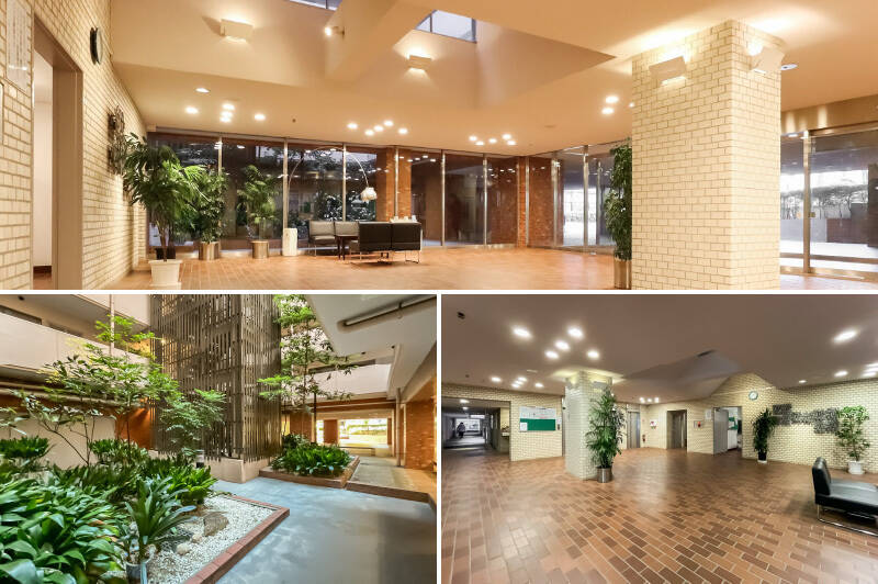 共用ロビーは吹き抜けになっており、中庭の緑を望めます。3基あるエレベーターに乗り込み、住戸のある6階へ。