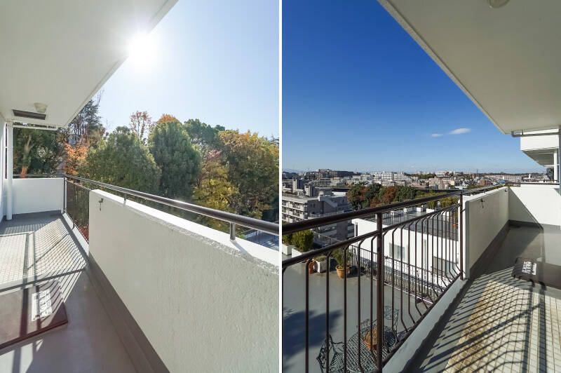 バルコニーはLDKの横幅いっぱいに広がっており、奥行きもゆとりがあります。タイル敷きになっている部分にチェアなどを置いて、くつろぎの場所にするのも素敵ですね。