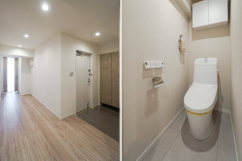 <b>左・</b>廊下の角からLDKと玄関を見たカット。扉のスリットから入ってくる光が眩しい……／<b>右・</b>トイレは玄関の正面に位置しており、すっきりとシンプルな設えです。