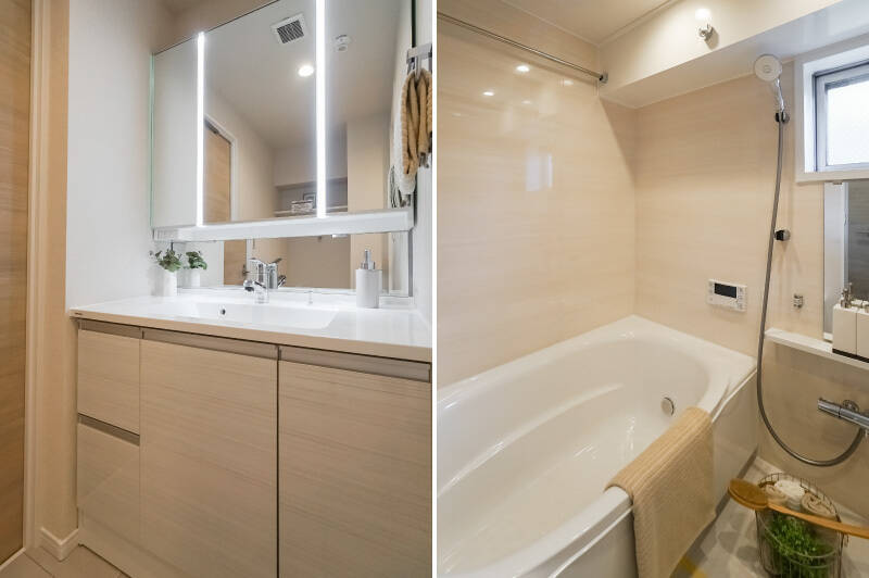 洗面脱衣室・バスルームはいずれも圧迫感のない広さを確保しています。バスルームは1316サイズで、換気できる小窓が備わっていますよ。