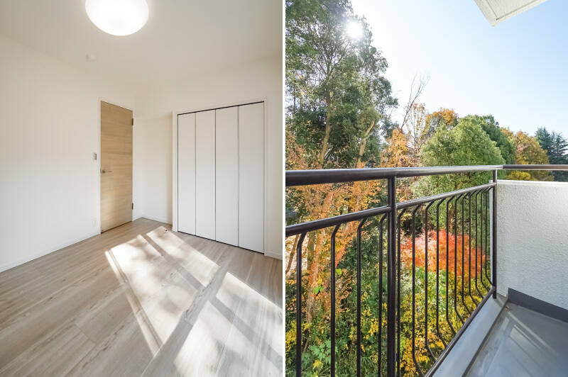 <b>左・</b>収納はクローゼットがひとつ。映画みたいな木漏れ日が差し込んでいて、うっとりです♡／<b>右・</b>サブバルコニーからは、近隣の豊かな自然を望めます。紅葉シーズンはこんな素敵な眺めになりますよ！
