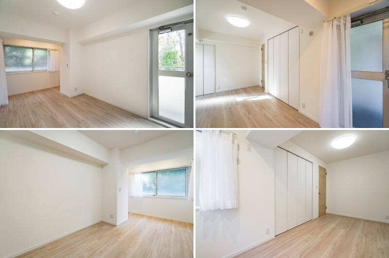 <b>上・</b>約7帖の洋室Ｂ。三面採光で開放的な空間です。／<b>下・</b>約6.7帖の洋室Ｃ。ドライエリアに面した窓がコーナーサッシになっており、こちらには二面から光が入ります。