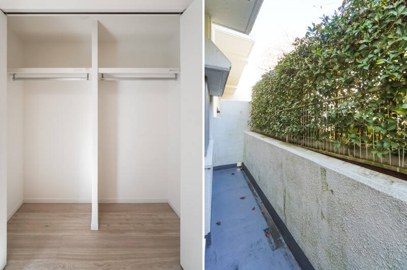 <b>左・</b>洋室Ｂ・Ｃに備わっているクローゼットの中はこんな感じ。奥行きたっぷりで、ゆるくふたつにゾーニングされています。／<b>右・</b>北東側の窓の向こうに広がるドライエリアは密度の高い生垣で目隠しされており、プライベート感高めです。