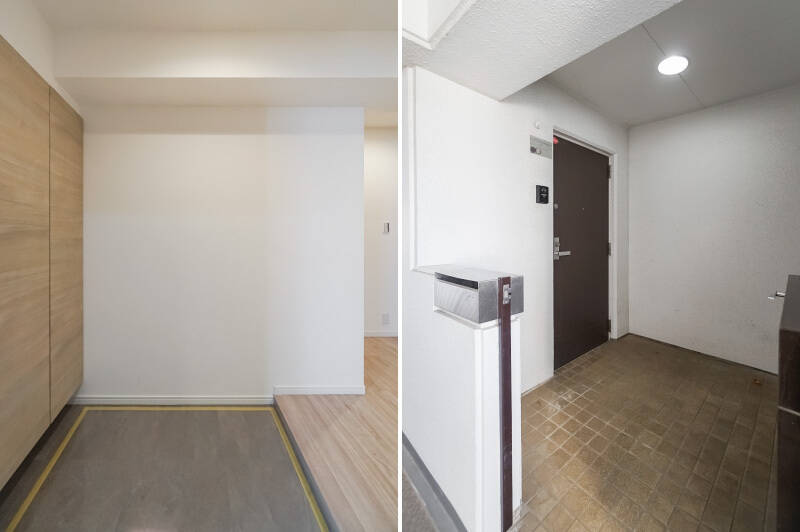 <b>左・</b>玄関土間は、ベビーカーやペット用バギーも置いておけそうなゆったりサイズです。やっぱり住まいに入ってすぐの空間に余裕があるのっていいですよね。／<b>右・</b>実は玄関前の空間にも余裕があります。アイアンゲートで区切られた専用ポーチには、何を置きましょう？ 