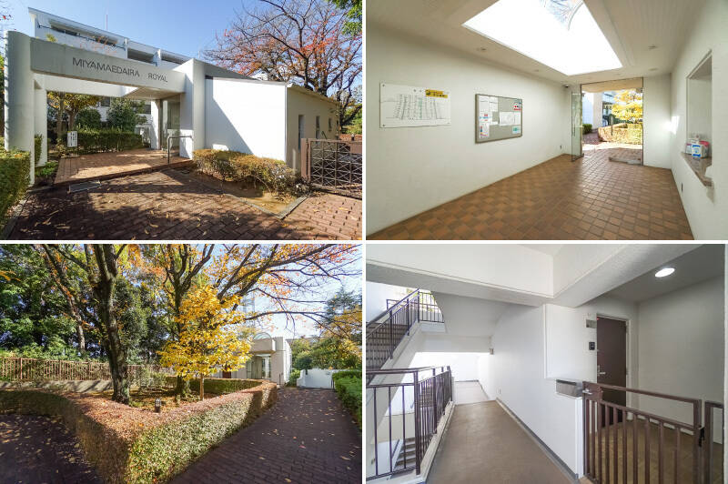 <b>左上・</b>エントランスは坂を上りきったところにあり、建物10階に相当します。ほか、1階の駐車場からもアクセス可能です。マンションが丘の斜面に建っていることが伝わってきますね……／<b>右上・</b>大きな天窓のある共用ホールがとっても気持ちいい♡ 管理人さんは週6日のご勤務です。／<b>左下・</b>ホールを抜けたら、右手奥の階段を下りて住戸へ。敷地内の植栽がどれもイキイキとしているのが印象的でした。／<b>右下・</b>住戸は10階所在。隣接する住戸がないため、ほどよいプライベート感があります。