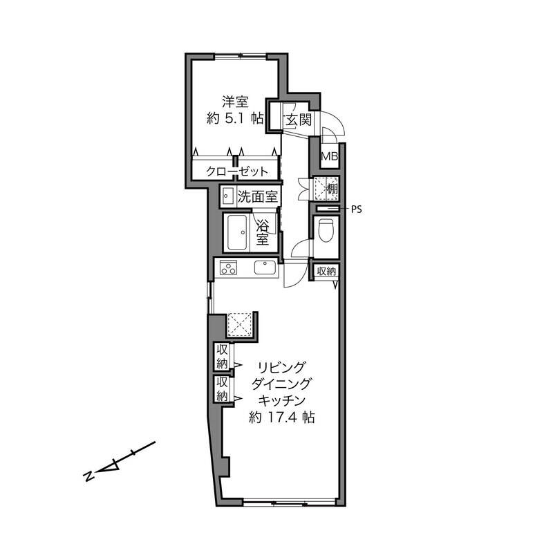専有面積約52㎡を1LDKにした間取り。収納は、LDK・廊下・洋室の3箇所にしっかり確保されていて、暮らしやすさにも配慮されています。