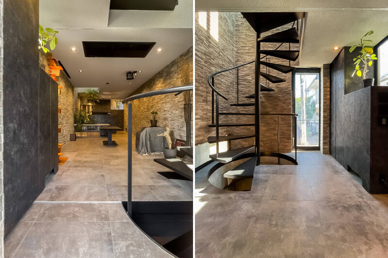 住戸に足を踏み入れると、建具なしでシームレスにLDKが現れる空間。玄関はフラットな造りで、大きなシューズボックスは造り付けです。