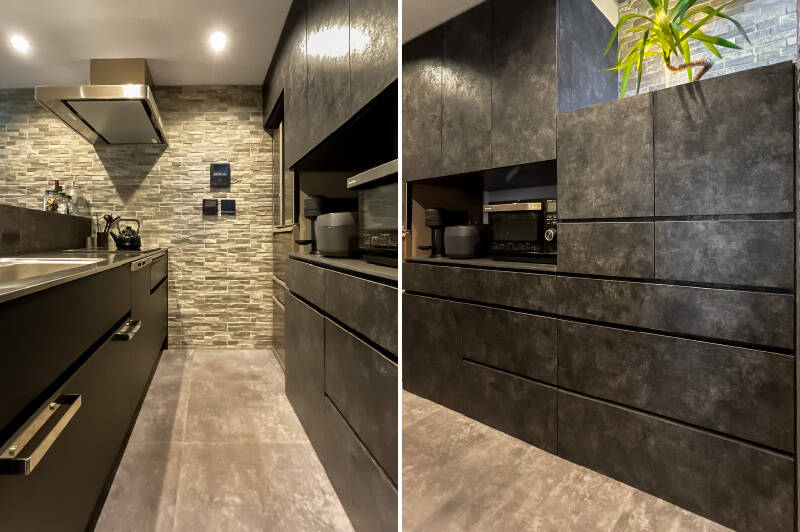 キッチンはIHクッキングヒーターで、食洗機付き。本体や背面収納の面材だけでなく、生活感が出やすいモニターホンや給湯器の操作盤もすべてマットな黒で揃えています。