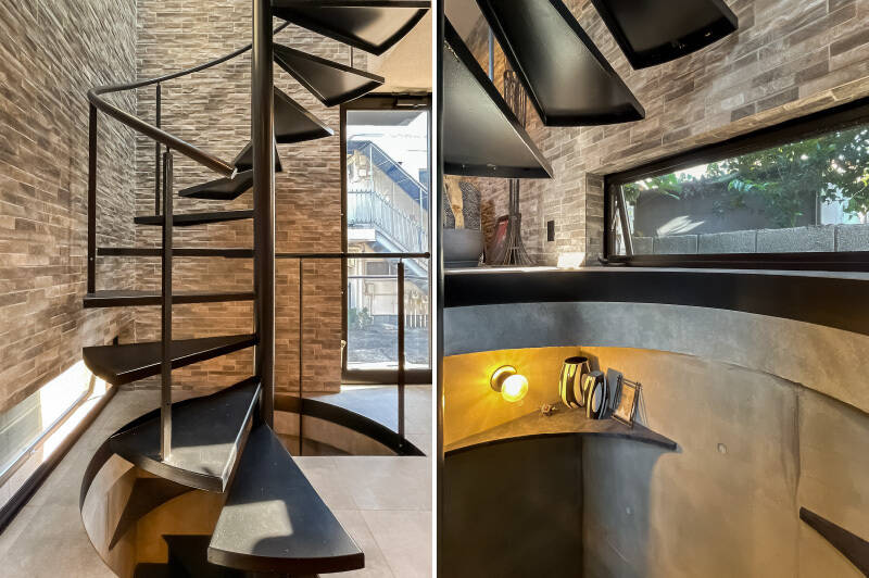 3フロアをつなぐ螺旋階段は、鋳物アーティストが手がけたものだそう。わずかな空間を生かして設けられたインテリアのためのスペースは、戸建てならではの自由度です。