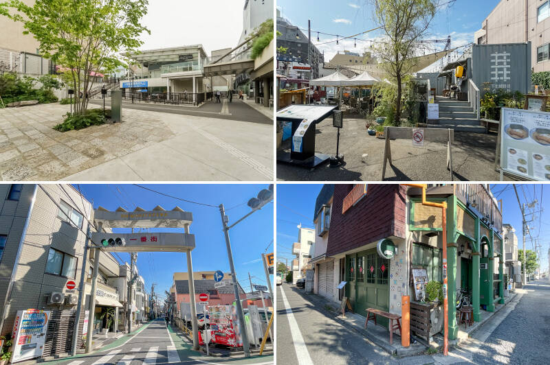 <b>左上・</b>最寄りは小田急線・京王井の頭線「下北沢」駅。渋谷も新宿も数分の乗車時間で乗り換えなしでアクセスできる便利な駅です。（徒歩9分）／<b>右上・</b>小田急線の線路跡地を開発して生まれた「下北線路街 空き地」では、フリーマーケットなどのイベントが不定期で開催されています。（徒歩10分）／<b>左下・</b>「下北沢一番街」は、下北沢らしいカルチャーの匂いが濃い商店街。おしゃれなバーや雑貨店、古着屋などが点在し、下北沢北口の中核をなす存在です。（徒歩5分）／<b>右下・</b>売主さまおすすめの台湾料理店「猫米（まおみい）」。カフェ風のおしゃれな店内で、台湾出身の店主が作る本格台湾料理をいただけます。（徒歩2分）