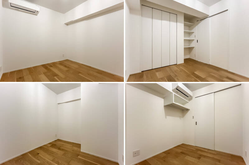 <b>上・</b>約4.5帖のサービスルームA。折れ戸2枚分のクローゼット付きです。／<b>下・</b>約3.1帖のサービスルームBには、オープン収納が備わっています。