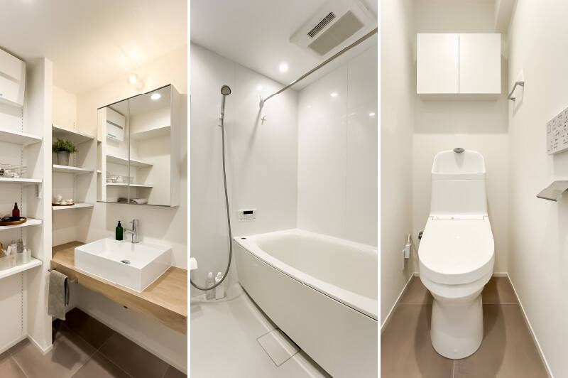 <b>左・</b>ミラーキャビネット、可動棚と豊富に収納が用意された洗面室。／<b>中央・</b>1418サイズのバスルーム。浴室乾燥機付きなので、雨の日の物干しも安心。／<b>右・</b>トイレには吊り戸棚が備わっています。