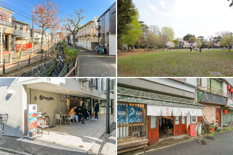 <b>左上・</b>マンションからほど近くにある「北沢川緑道」。お散歩にちょうどいいのどかな緑道です。（徒歩2分）／<b>右上・</b>「三宿の森緑地」もご近所。「三宿神社」に隣接しており、どこか清らかな空気が漂っています。（徒歩2分）／<b>左下・</b>「PastaAlba（パスタ アルバ）」は、生パスタ専門店。昼は20種類以上のセットメニュー、夜はワイン似合う小皿料理も提供していています。（徒歩9分）／<b>右下・</b>「焼肉ケニヤ」は、特製スパイスが効いたお肉が美味！ パンチのある味わいがクセになりますよ。（徒歩7分）