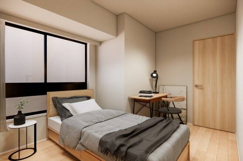 凹凸があるものの、ベッドのほかにもデスクなどを置ける広さです。CGイメージではシングルベッドを配置しています。