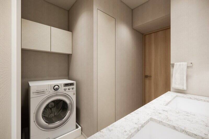 洗面室全体。ランドリーまわりにも豊富に収納を設け、整理整頓がしやすい造りに。