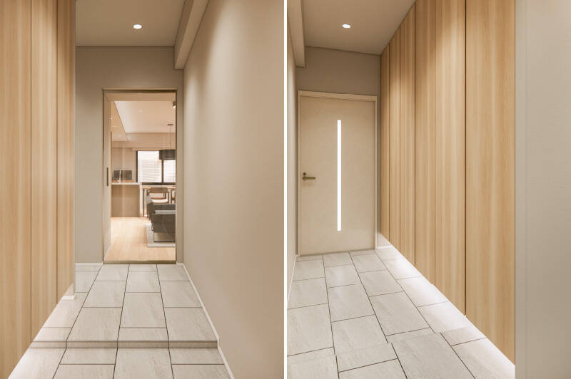 まずは玄関まわりから、CGイメージでご紹介します。シューズボックスは天井までの高さがあるトールサイズで、充実した収納力です。