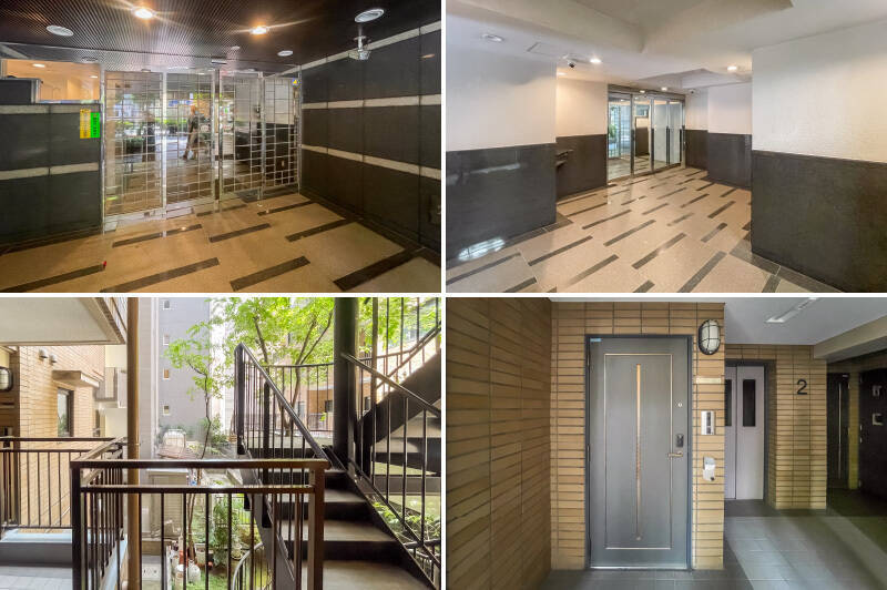 <b>上・</b>オートロック・宅配ボックス付きのエントランス。／<b>下・</b>ご紹介した住戸が所在する2階の共用廊下。エレベーターでも共用階段でもアクセスできます。