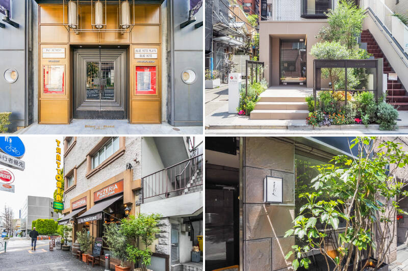 <b>左上・</b>骨董通りを少し入った場所にある名門ジャズクラブ「BLUE NOTE TOKYO（ブルーノート東京）」。極上の音楽に酔いしれるひとときを。（徒歩5分）／<b>右上・</b>「UN GRAIN（アングラン）」はミニャルディーズ（ひとつまみサイズのお菓子）専門のパティスリー。手土産やホームパーティーのおともにぴったりです。（徒歩3分）／<b>左下・</b> 雰囲気のいいレストランがたくさんあり、おもてなしにも事欠かないエリアです。こちらは老舗イタリアンレストラン「IL PACIOCONE（イル・パッチォコーネ）」。（徒歩5分）／<b>右下・</b>焼肉好きなら誰もが知る名店「よろにく」もすぐそばに。（徒歩4分）