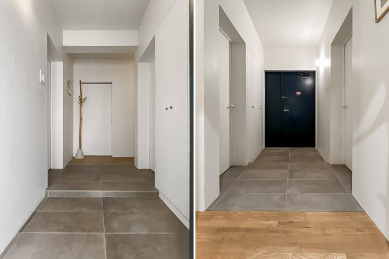 玄関扉を開けると、タイル敷きの広々とした土間が。トールタイプのシューズボックスが設置されています。