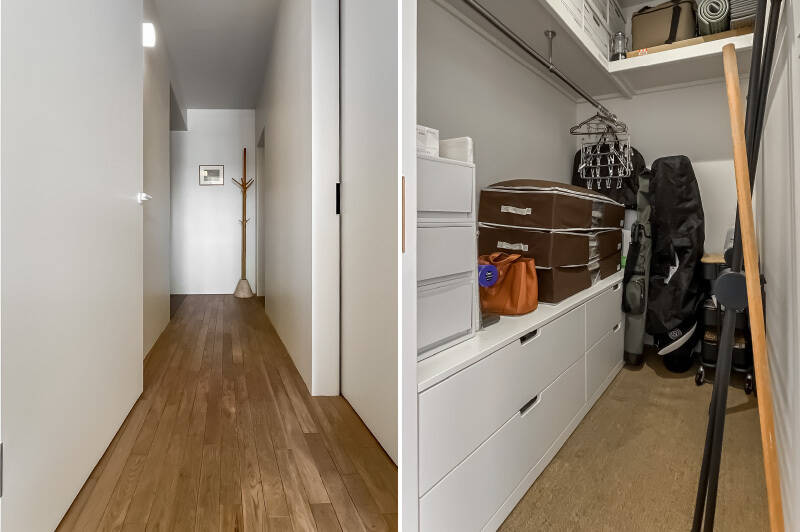 LDKから廊下に出てすぐ右手には、枕棚とハンガーパイプ付きの納戸があります。