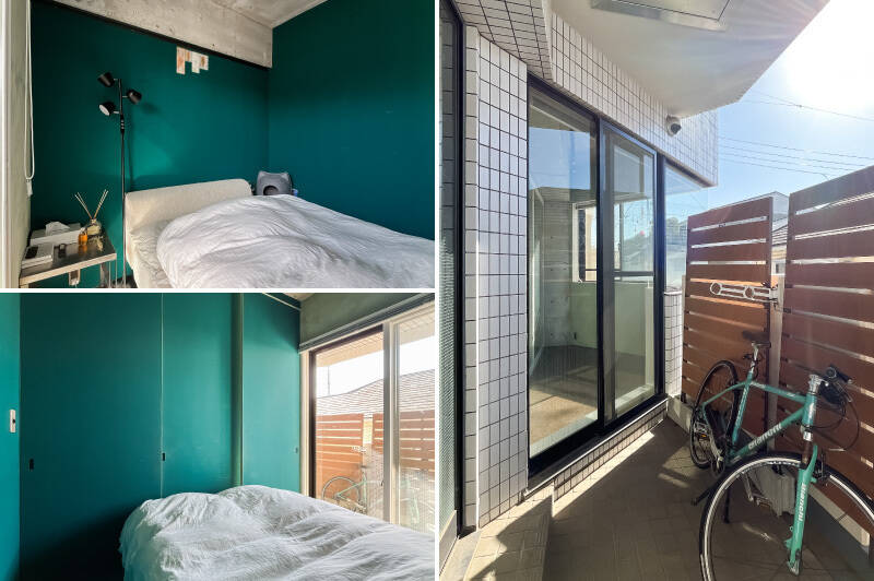 <p><b>左・</b>全体にキーカラーをあしらった、落ち着きのある空間。写真では消灯していますが、枕元の上部にはライン照明が埋め込まれています。／<b>右・</b>南西向きのバルコニーにアクセス可能です。</p>