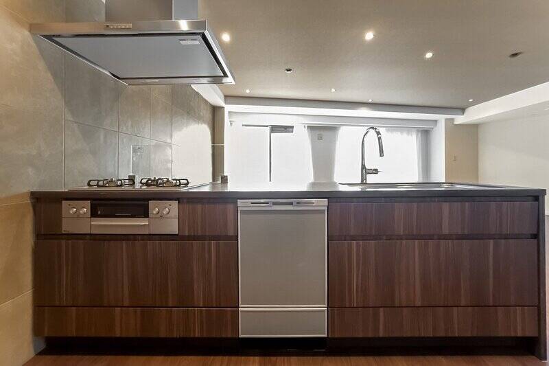 大型の食洗機を搭載したキッチン。背面には食器棚を置くスペースが確保されています。