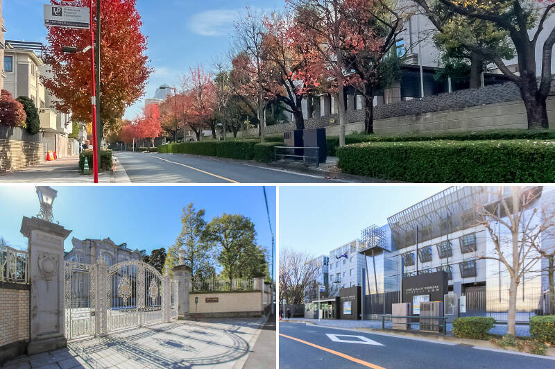 麻布通りから三田通りを結ぶ「日向坂（ひゅうがざか）」。江戸時代前期には、南側に徳山藩・毛利日向守の屋敷があったことから、この名が付いたとされています。通り沿いには「綱町三井倶楽部」（左下・徒歩4分）や「在日オーストラリア大使館」（右下・徒歩2分）などが並び、格式高い街並みを形成しています。