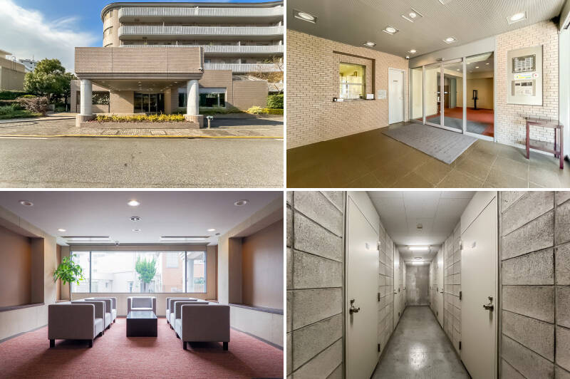 <b>左上・</b>車寄せ付きのエントランス。／<b>右上・</b>中に入ると管理人室とオートロックが。／<b>左下・</b>線対象が美しい共用ロビー。ピシッと整えられたインテリアから誇りと威厳が漂います。／<b>右下・</b>ご紹介する住戸にはトランクルームも付帯し、月額500円で利用可能です。