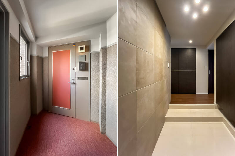 <b>左・</b>窓があって明るい内廊下。エレベーターは2戸につき1基が割り当てられています。／<b>右・</b>玄関は大判のタイルとダークブラウンの建具でシックな印象。