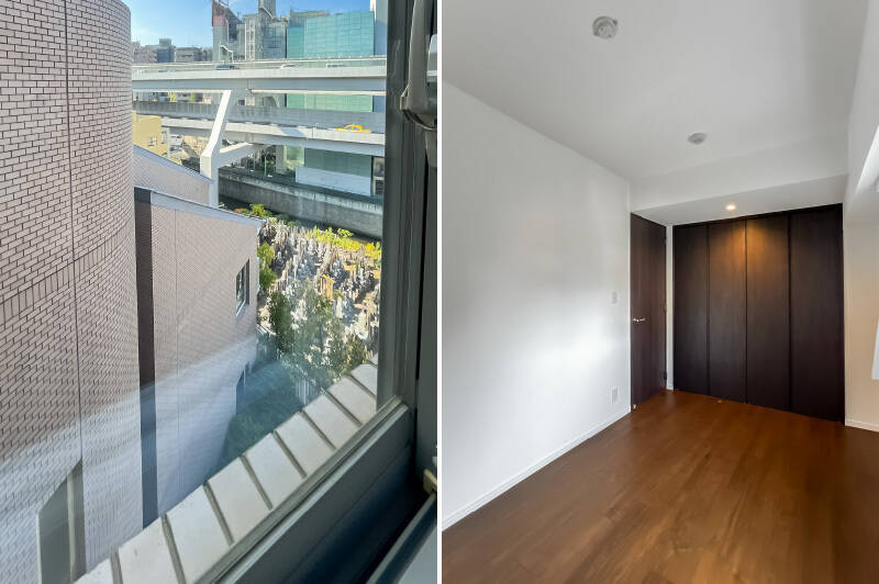 <b>左・</b>窓から見下ろすと小規模な墓地が。生活している分には視界に入ることがなさそうです。／<b>右・</b>折れ戸2枚分のクローゼット付き。