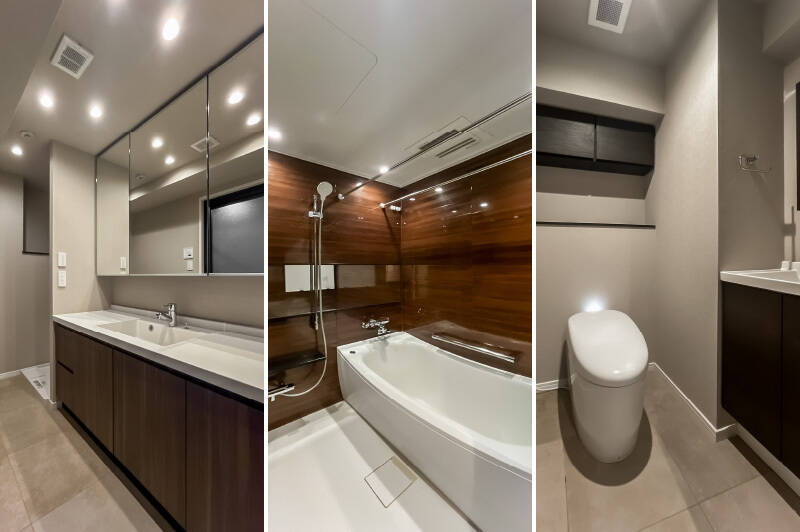 <b>左・</b>横幅が広い洗面化粧台。／<b>中央・</b>艶やかなユニットバス。／<b>右・</b>手洗い付きのトイレ。