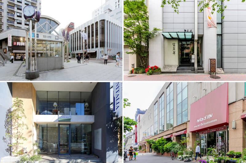 <p><b>左上・</b>「麻布十番」駅までは徒歩5分。東京メトロ南北線の乗り場に近く、都営大江戸線へはもう少し歩きます。／<b>右上・</b>ミシュランで星を獲得した中華料理店「富麗華（ふれいか）」。生演奏を聴きながら名物の北京ダックを。（徒歩9分）／<b>左下・</b>中庭を眺めながらイタリアンがいただける「Casa Vinitalia（カーザ ヴィニタリア）」。（徒歩4分）／<b>右下・</b>インターナショナルな雰囲気に心ときめくスーパーマーケット「日進ワールドデリカテッセン」。（徒歩10分）</p>