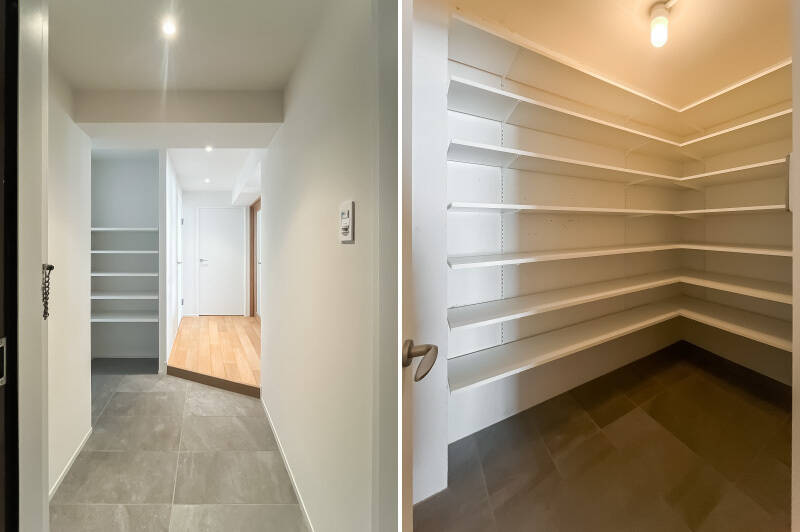 玄関ドアを開けると、奥に自然光の気配。クランクした長い土間の先にはビッグなシューズインクローゼット(SIC)!