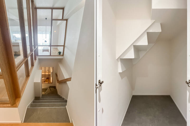 <b>左・</b>この景色、文句ナシに気持ちいいです。暗くなりがちな階段をガラスの間仕切りでここまで明るくした設計士さんに拍手!/<b>右・</b>階段下は余すことなく収納に。